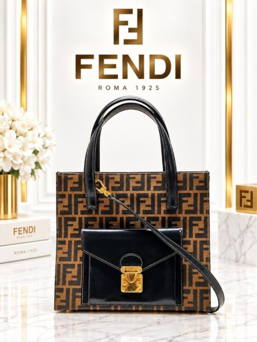 Authentic Fendi Vintage Zucca FF Logo Tote Bag Leather Pocket Shoulder Strap